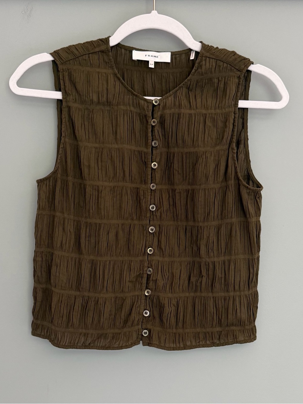 Frame "The Smocked Tank" Juniper Green Crepe Cotton Top